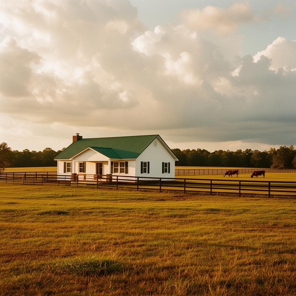 White farmhouse and cattle pasture under a big Carolina sky